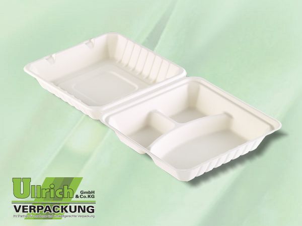 Menüschale+Deckel Bagasse, 3-fach, weiß