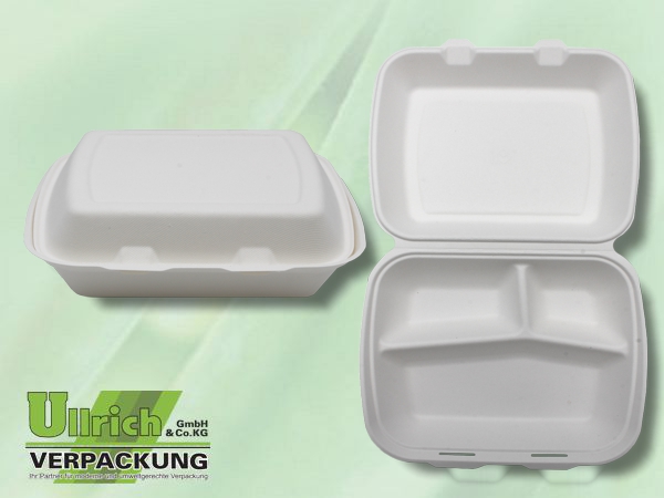 Menüschale+Deckel Bagasse, 3-fach, weiß