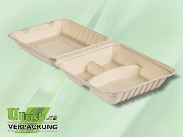 Menüschale+Deckel Bagasse, 3-fach, braun